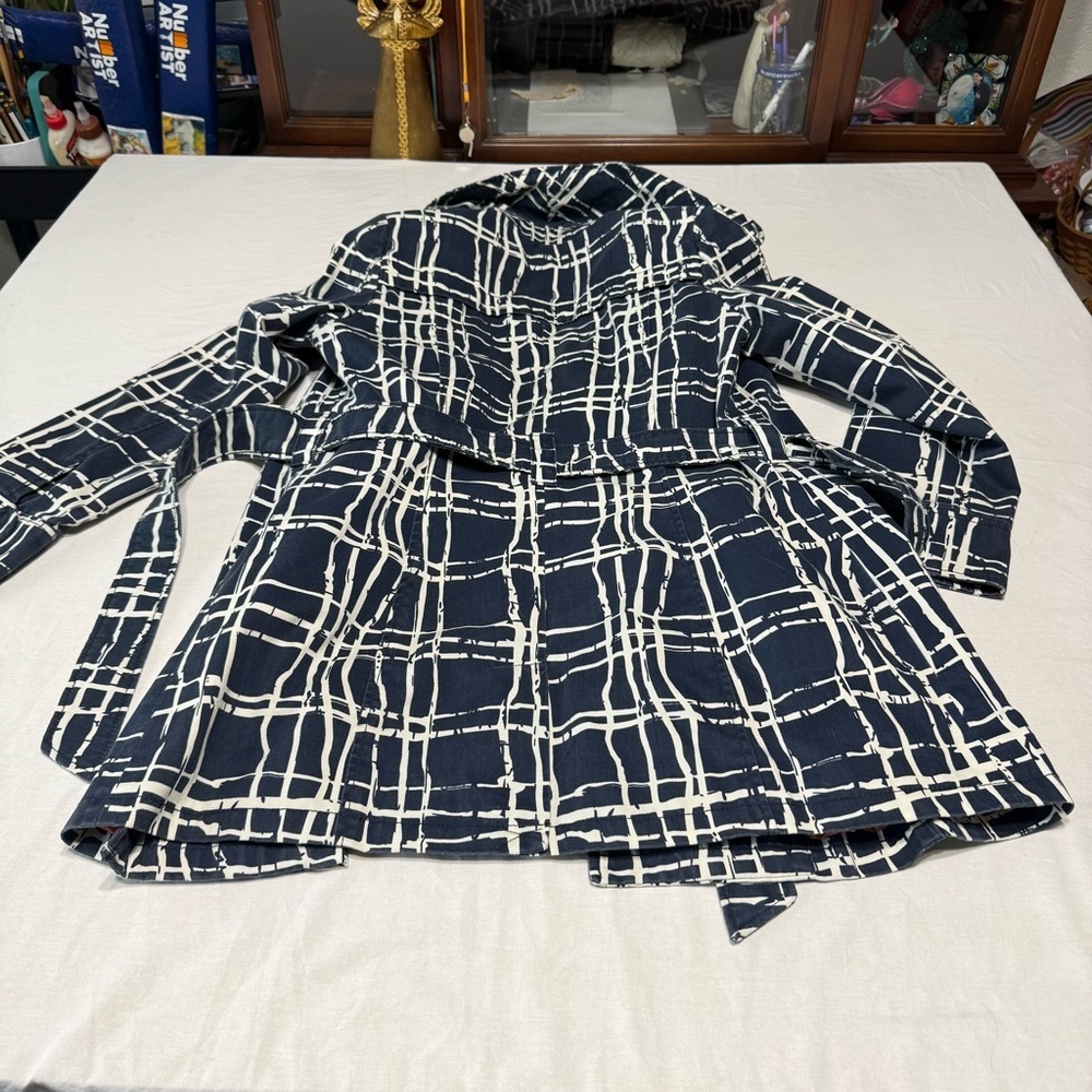 Merona Navy and White Geometric Jacket Orange Lining and Belt Women’s Medium - Picture 5 of 8
